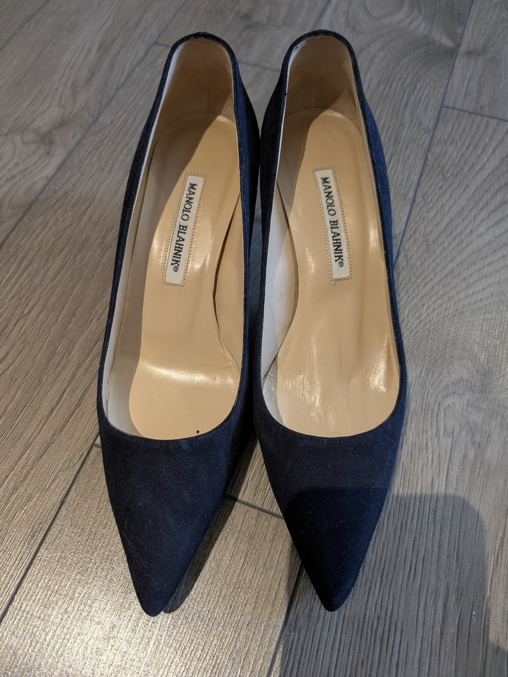 Manolo Blahnik Navy Suede Pointed-Toe Pumps